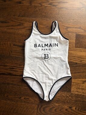 Balmain Kids White One-Piece with Black Trim and Logo - Paris Emblem